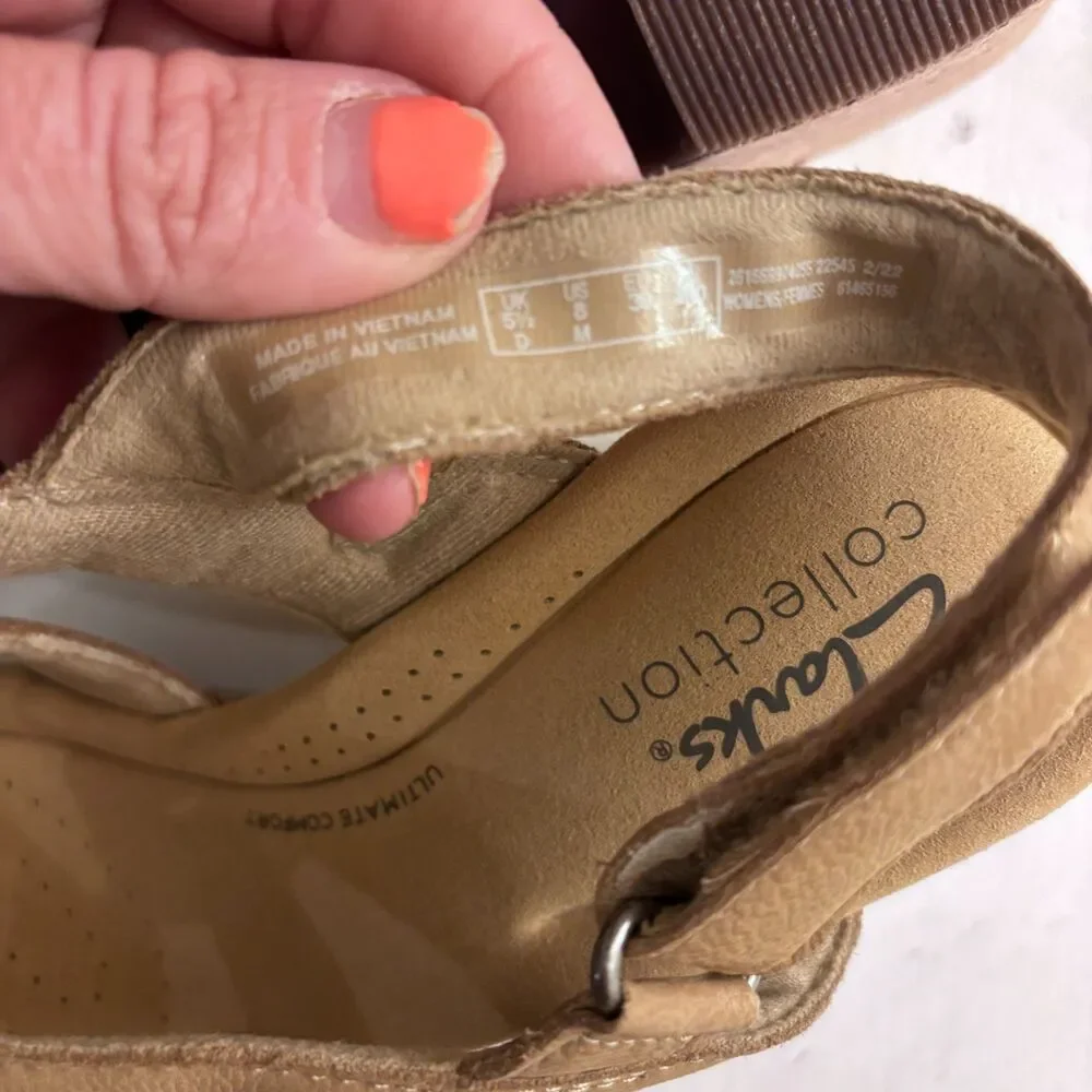 Clarks Collection McWen Strap Wedge Sandals Women's 8 Taupe Leather Comfort